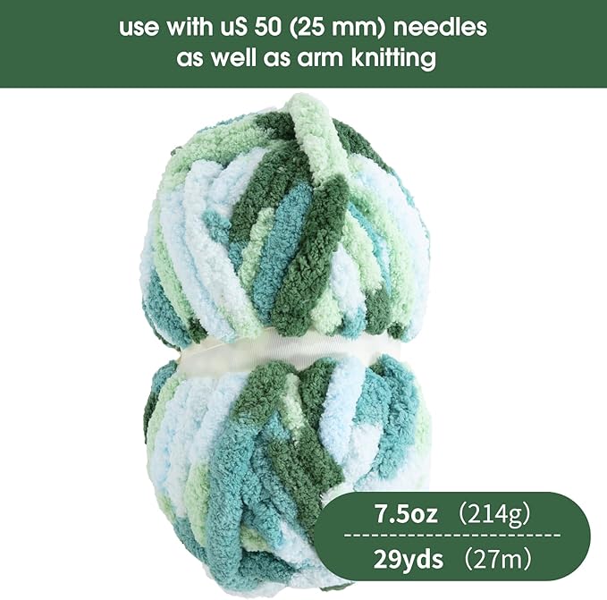 HOMBYS 18 Pack Giant Chunky Yarn for Crocheting & Knitting, Super Bulky Soft Fluffy Tie Dye Plush Fuzzy Mixed Color Thick Chenille Yarn (Mint, Teal, Green)