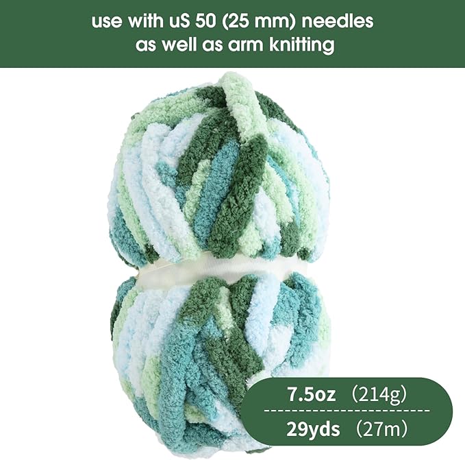 HOMBYS 12 Pack Giant Chunky Yarn for Crocheting & Knitting, Super Bulky Soft Fluffy Tie Dye Plush Fuzzy Mixed Color Thick Chenille Yarn (Mint, Teal, Green)