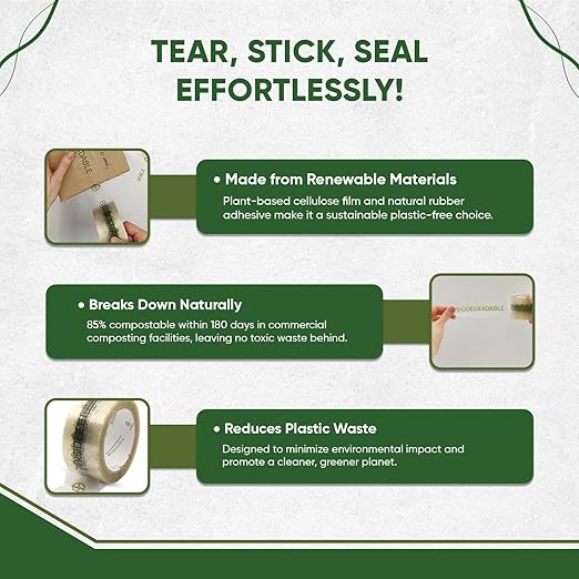 Biodegradable Packing Tape | Plant-Based Cellulose Packaging Tape | Heavy Duty All-Purpose Adhesive for Shipping, Moving, Office, Crafts | Easy-Tear, Low-Noise, Clear - 3pk 1.93 in x 70 yds