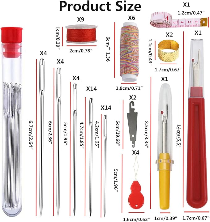 66PCS Big Eye Stainless Steel Sewing Needles Kit 5 Sizes Embroidery Needle and Thread Kit for Hand Sewing Kits with Threads,Bobbins,Thread Ripper,Threaders Accessories for Beginner Crafts Quilting
