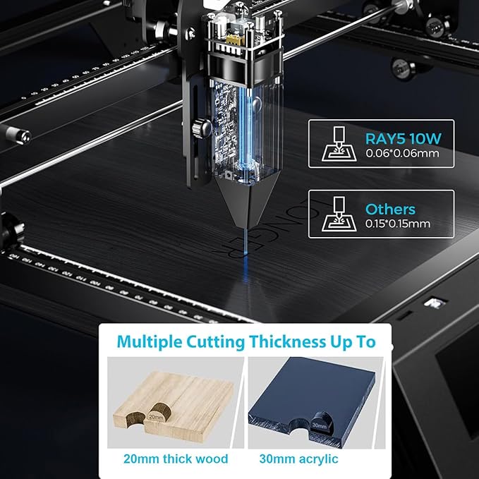 Longer RAY5 10W Laser Engraver with Air Assist Kit, Rotary Roller kit, and 8 Pcs Raiser, High Precision Laser Cutter and Engraver for Wood, Metal, Acrylic, Cylindrical Objects, Tumblers