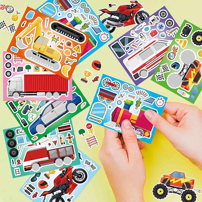 DUJAA 24 Sheets Vehicle Stickers for Kids, Make Your Own Police Car, Ambulance, Truck, Train, Motorcycles Engineering Vehicle Stickers for Toddlers, Brithday Party Supplies Classroom Teacher Reward