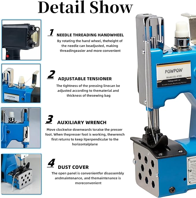 Bag Sewing Machine, 2s/bag Portable Bag Sewing Machine, Industrial Bag Closing Machine for Packing Woven Bags Non-woven Fabrics Leather (Blue, Corded - 110V)