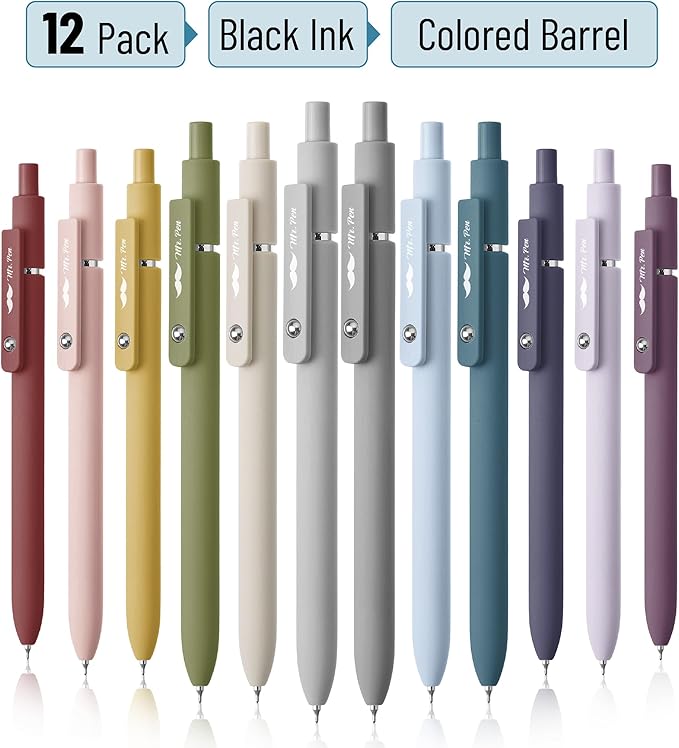 Mr. Pen- Retractable Gel Pens, 12 Pack, Morandi and Vintage Barrels, Fast Dry, Black Gel Pens Fine Point 0.5mm, Aesthetic Pens for Journaling