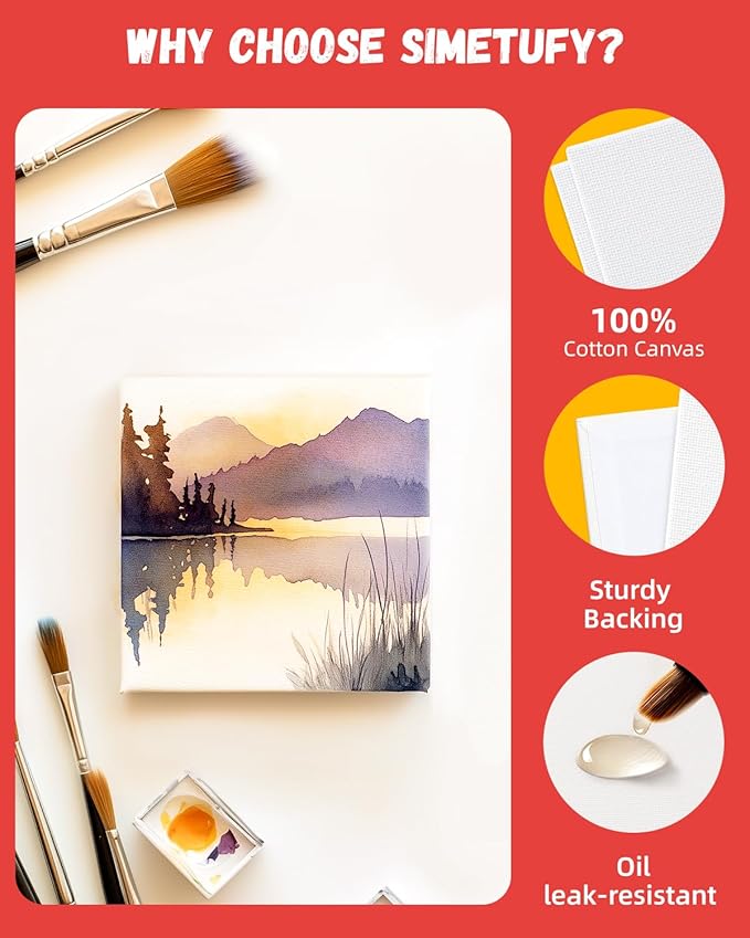 Simetufy 24 Pack 4x4 Inch Mini Canvas Boards Painting Panels, 100% Cotton Primed Acid-Free for Oil, Watercolor & Acrylic Painting, Art Projects