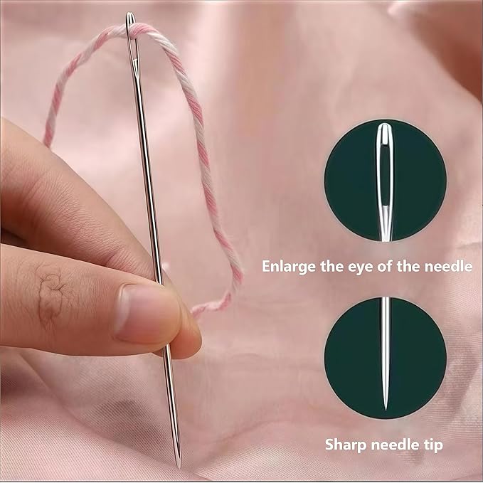 34PCS Big Eye Steel Needles Set, Long & Thin Handmade Quilting & Sewing Needles Kit for DIY Sewing, Needles Thread Hand Repair Tools, Stainless Steel Needles for Hand Sewing Kit (37PCS)