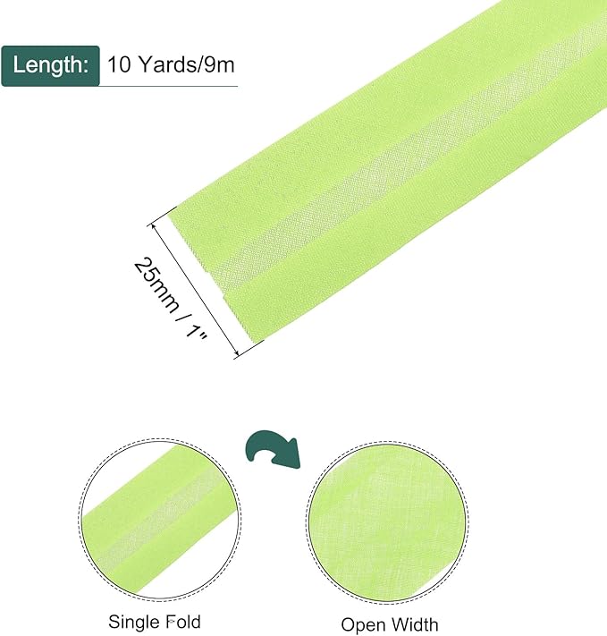 MECCANIXITY 1 Inch Single Fold Bias Tape Polyester Continuous Bulk Bias Tape for Sewing,Seaming Quilting Hemming Binding Crafts (Fluorescent Green 10 Yards)