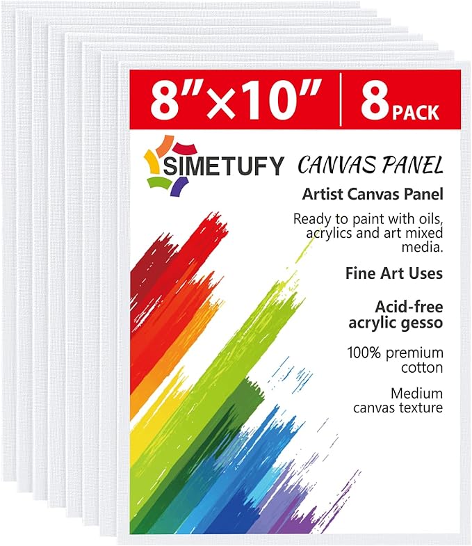 Simetufy 8 Pack 8x10 Inch Painting Canvas Boards Canvas Panels for Kids Primed Acid-Free 100% Cotton for Acrylics Oil Watercolor Tempera Paints