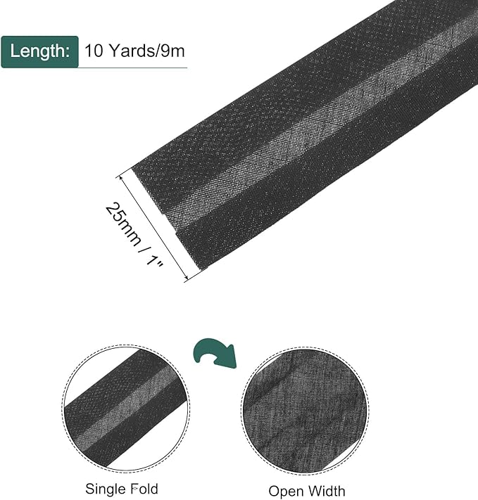 MECCANIXITY 1 Inch Single Fold Bias Tape Polyester Continuous Bulk Bias Tape for Sewing,Seaming Quilting Hemming Binding Crafts (Black 10 Yards)