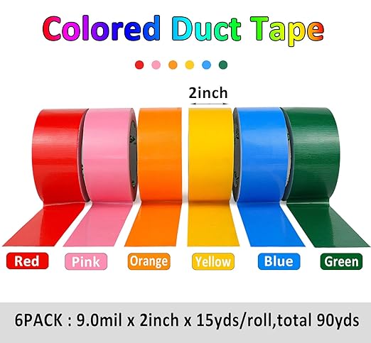 BOMEI PACK Colored Duct Tapes, 6 Rainbow Colors 2 Inch x 15 Yards x 9 Mil, Heavy Duty Waterproof Tape in Red, Pink, Yellow, Orange, Green, Blue