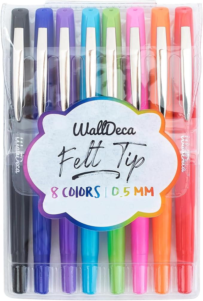 WallDeca Fine Point Felt Tip Pens (0.5mm), Vibrant Multi-Colored Writing Set With Smooth-Flowing Ink, No Bleed Markers for Journals and Note Taking, Everyday Writing and Colorful Doodling (8-Pack)