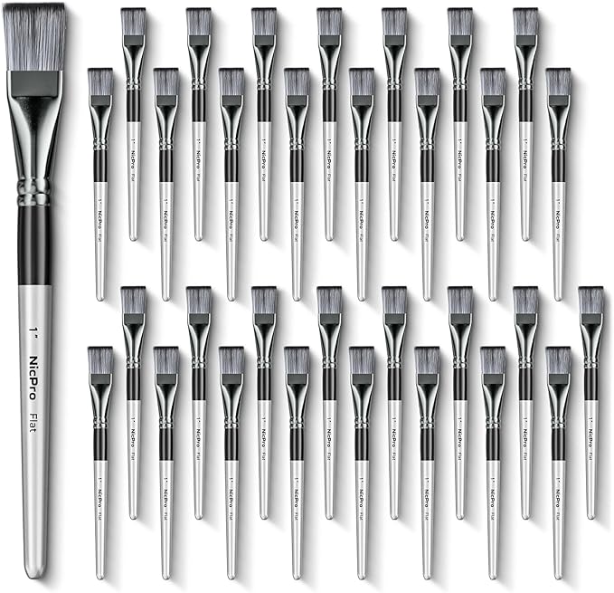 Nicpro 32pcs 1 Inch Flat Paint Brushes for Acrylic Painting, Large Paint Brushes Bulk for Acrylic Watercolor Oil, Artist Paint Brush Set for Canvas Painting, Base Coating, Crafts, Face, Group Use