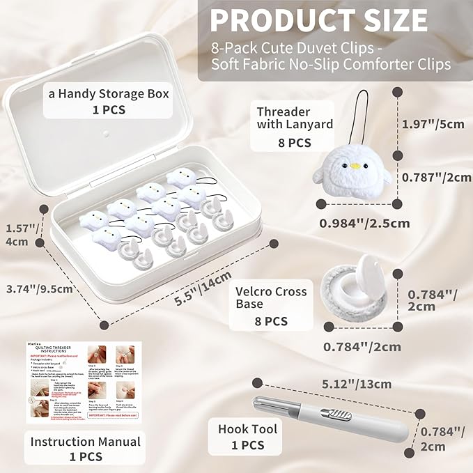 8 Pcs Duvet Clips with Pins Quilt Fixer,Non-Slip Duvet Cover Clips,Duvet Clips to Hold Comforter Inside,No Needles，Penguin Pattern(Inc Hook Tool,Storage Box)(White)