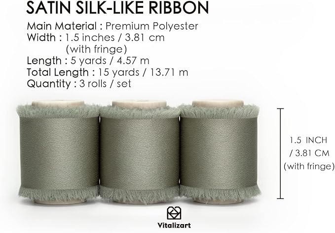 Vitalizart Dusty Sage Green Silk Satin Ribbon 1.5 Inch x 15 Yard Handmade Frayed Chiffon Wooden Spool Dusty Green Ribbon for Gift Wrapping Wedding Bridal Flower Bouquets Home Decor