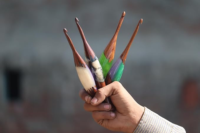 Wooden Crochet Hook Collection for Yarn Crafts |Resin-Embellished Crochet Hook Set for Effortless Knitting and Crocheting – Wood Crochet Needle Set