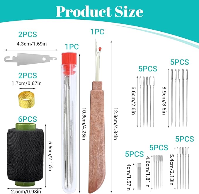 37PCS Big Eye Steel Sewing Needles Kit, Stainless Steel Sewing Needle for Hand Sewing, Big Eye Steel Needles Set, Long & Thin Handmade Quilting & Sewing Needles Kit for DIY Sewing