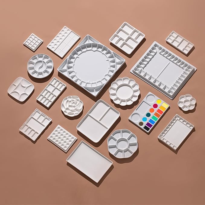 MEEDEN Ceramic Watercolor Palette,17-Well White Porcelain Mixing Tray Artist Painting Palette, Rectangle Painting Tray Palettes for Watercolor Gouache Acrylic Painting 9" x 6.5"