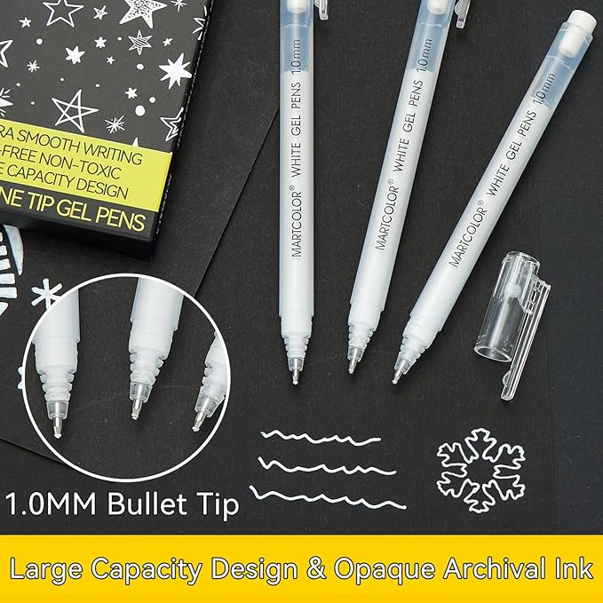 White Gel Pens, 1.0mm Fine Point Opaque Archival Ink Pen for Black Paper Drawing, Art Highlight, Illustration, Bullet Journaling, Card Making & DIY Projects, 3 Pack