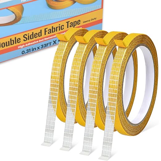Double Sided Fabric Tape Heavy Duty for Hem, Fashion Dress, Cloth, Curtains, High Adhesive Sticky but Removable, No Sewing or Ironing Need, 0.31in x 33FT/10m x 4Rolls