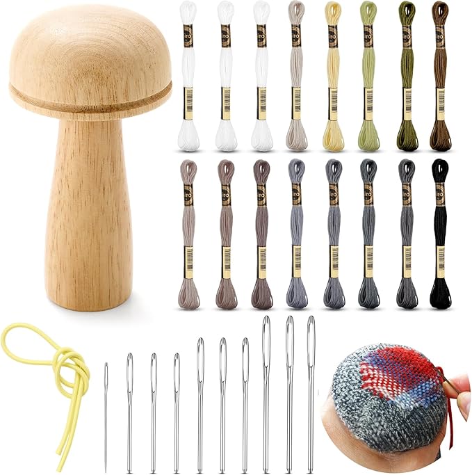 Jexine Darning Mushroom for Socks Wooden Darning Supplies Kit with Large Eye Needles Sewing Threads for Socks Clothes Adults Darner DIY Handicraft Home Sewing Care(Regular Color)