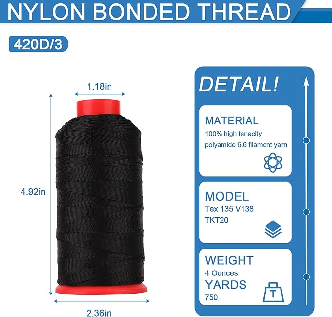 Heavy Duty Bonded Nylon 66 Sewing Thread 420D/3 T135#138 750 Yards for Canvas Furniture Upholstery Leather Goods Leather Footwear Outdoors(Black, 420D/3)