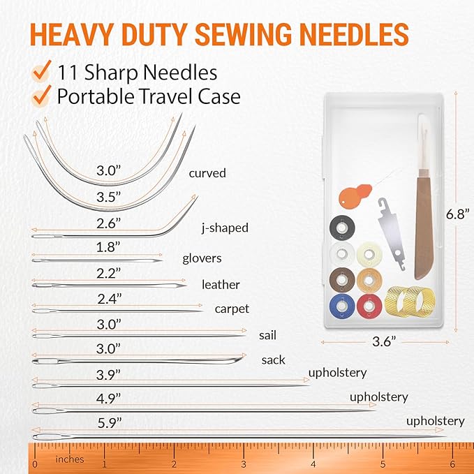 VONEEDL Heavy Duty Sewing Needles (11 PCS) & Waxed Thread (7 Colors) - Upholstery Repair Kit for Leather, Canvas, Quilting & More