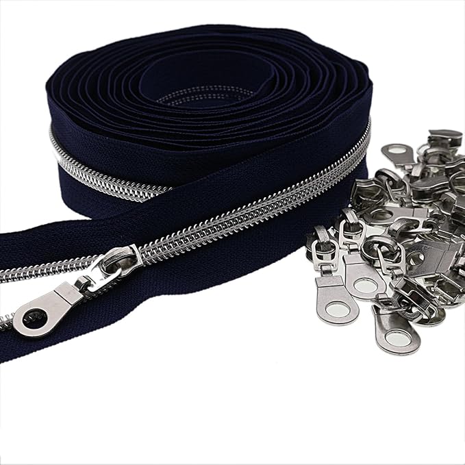 #5 Silver Metallic Nylon Coil Zippers by Yard Bulk Coil Zipper Roll 10 Yards with 25pcs Silver Pull for DIY Sewing Craft Bag(Navy Blue) YIGUANXIN