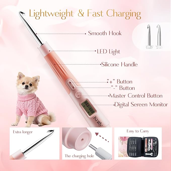 knitly Light Up Crochet Hooks Set with Digital Counter,18 Size Counting Crochet Hook with 2.0–14.0 mm Interchangeable Hooks,Ergonomic Crochet Kit&Gift for Arthritic Hands
