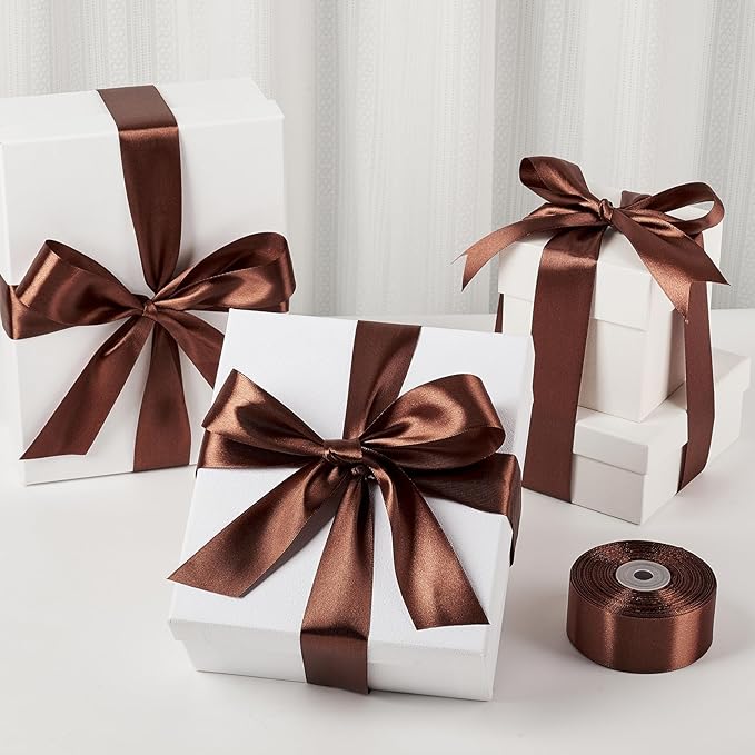1-1/2 Inch Wide Brown Satin Ribbon, 50 Yards Solid Polyester Fabric Ribbon for Roses Making, Gift Wrapping, Valentine's Day, Wedding Decorations, Crafts, Bows