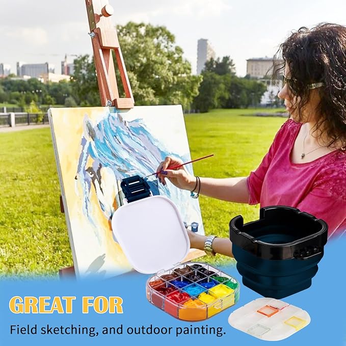 Falling in Art Paint Palette, Airtight 16 Wells Storage Palette Box with Lid and Folding Paint Brush Basin for Watercolor, Gouache and Acrylic Painting (Blue)