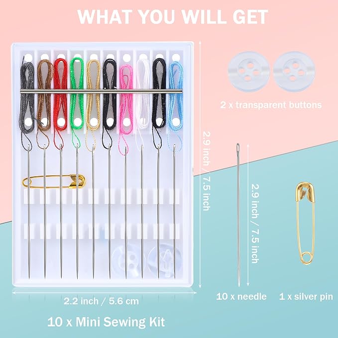 MTLEE 8 Boxes 80 Pieces Mini Quick Fix Sewing Kit Easy Pre Threaded Needle Basic Personal Kit Plastic Threaded Needle Holder Small Home Travel Sewing Box with Pin Button, Assorted Colors