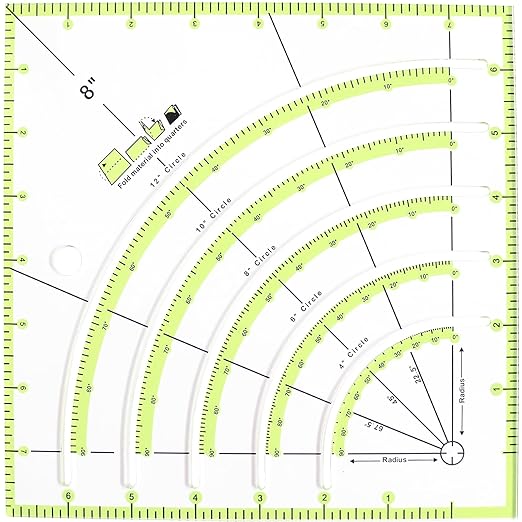 8x8 inch Acrylic Arc Cutting Fabric Ruler,Circle Templates for Quilting,Multifunctional Classic Quilting Ruler,Cut Patchwork Cloth,Sewing,Painting and Handicrafts