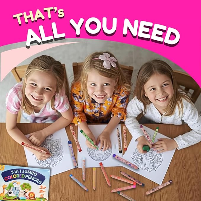 Jumbo Colored Pencils– 3 in 1 function, 12 colors Non-Toxic Toddler Pencils Break-Resistant, Easy Grip Beginner colored Pencils for 2 year plus, Pre-school, Kids, those with special needs.
