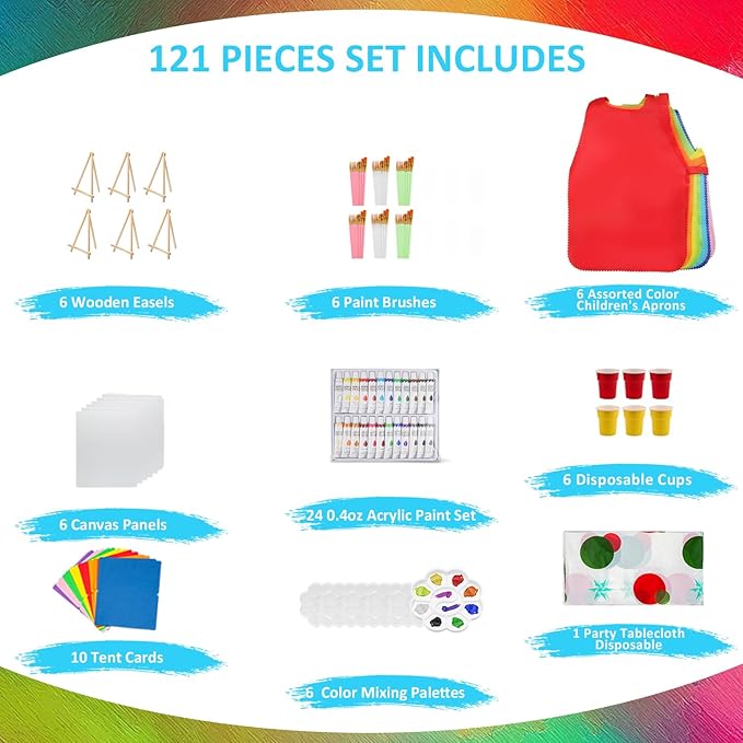 Rabbitale 121 Pcs Art Painting Kit Supplies Set for Party - 60 Paint Brushes, 24 Acrylic Paints, 6 Wood Easels & Canvas Panels & Palettes & Aprons & Wash Pen Cup, 1 Plastic Tablecloth