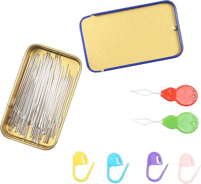 40/80PCS Large Eye Sewing Needles - 8 Sizes Hand Sewing Sharp, Embroidery, Leather, Stainless Steel Yarn With Threaders & Stitch Markers (Blue 80pcs)