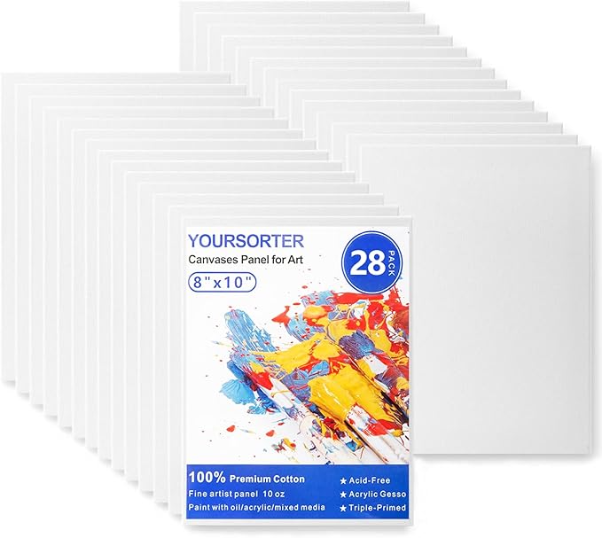 28 Pack 8x10 Inch Canvas Boards for Painting, Kids Art Novices Blank Painting Canvases, Gesso Primed Acid-Free 100% Cotton Canvas Panels for Acrylic Oil Watercolor Tempera Paint