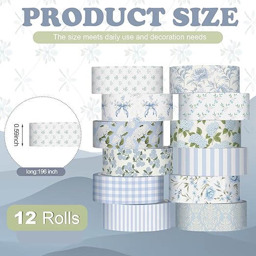12 Rolls Watercolor Floral Washi Tape Set 15 mm Vintage Flower Decorative Masking Tape for Arts DIY Craft Scrapbook Envelope Party Supplies Gift Wrapping (Dusty Blue,Rose and Hyacinth)