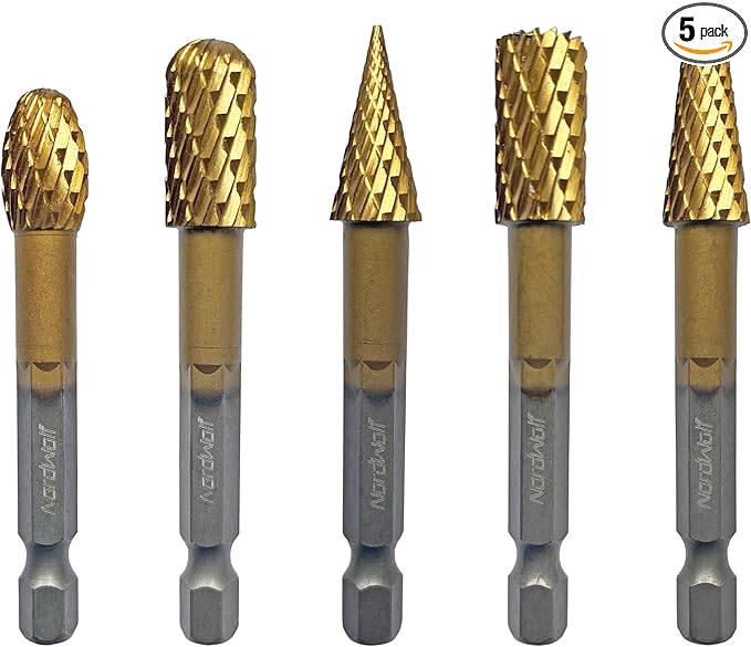 NordWolf 5-Piece Rotary Burr Carving Rasp Files Set, with 1/4" Hex Shank for Metal, Soft Metal, Wood & Plastic Deburring, Shaping, Grooving, Polishing and Grinding