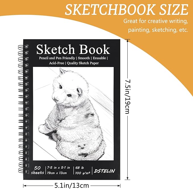 DSTELIN 7.5 x 5.1 Inch Sketch Book, 50 Sheets,100gsm, Spiral Bound Black Hardcover with Dog Cover, Ideal for Sketching and Drawing