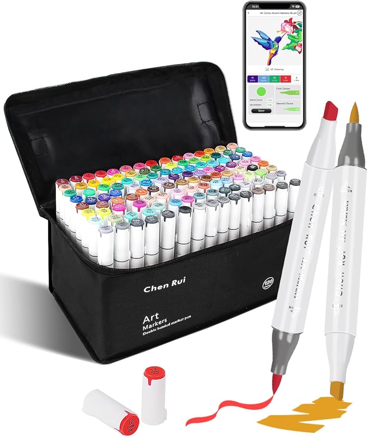YHC 120 Alcohol Brush Marker with Free App, Chen Rui Dual Tips Art Markers for Adults, Alcohol Based Brush & Chisel Tips Markers for Drawing, Coloring, Painting, Sketching