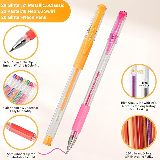 240 Pack Set 120 Colored Gel Pen with 120 Refills, Fine Tip Glitter Gel pens for Adults Artists Coloring Books Drawing Crafts Scrapbooks Bullet Journaling