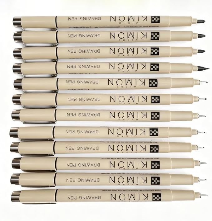 Micro Fineliner Drawing Pen,12 Black Fine Line Waterproof Ink Set 0.05mm to 3mm Ultra Fine Tips Archival Inking Markers Sketch Outline Pen, Precision Drawing Sketching Kit (Black)