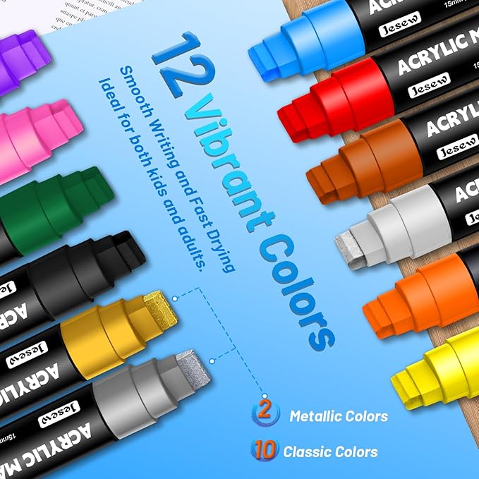 Acrylic Paint Markers – 12 Colors Jumbo Markers with 15mm Felt Tip Paint Pens, Waterproof Permanent Ink for Rock Painting, Stone, Ceramic, Glass, Wood, Canvas, Outdoor Art & Signs