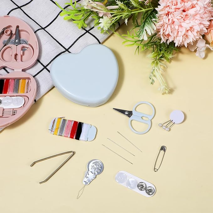 Grevosea 2 Pack Mini Travel Sewing Kit, Heart Shaped Portable Travel Sewing Repair Mini Box Beginner Emergency Repair Kit with Threads Scissors DIY Hand Sewings Needles Blue Pink