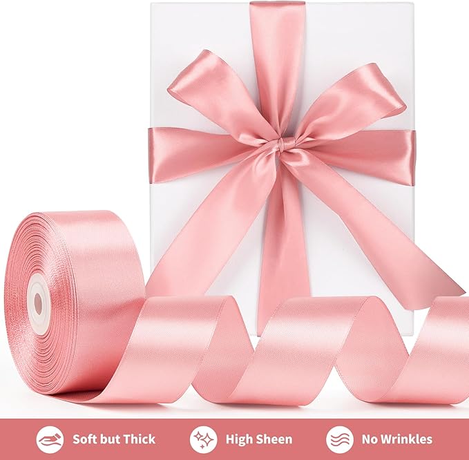1-1/2 Inch Wide Rose Gold Satin Ribbon, 50 Yards Solid Polyester Fabric Ribbon for Roses Making, Gift Wrapping, Valentine's Day, Wedding Decorations, Crafts, Bows