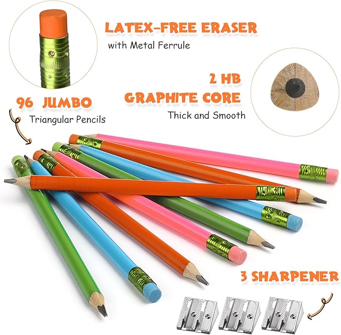 Fainne 102 Pcs Bulk Thick Jumbo Graphite Pencils Set 96 Fat Giant Large Pencils and 6 Sharpeners Enhanced Grip for Art Drafting Writing Drawing Office and Home Use(Colored,Triangle)