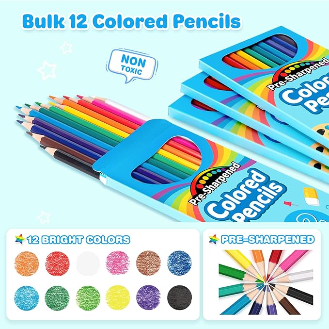 V-Opitos 288 Count Colored Pencils for Kids, 24 Pack Bulk Colored Pencils in 12 Colors, Pre-sharpened Coloring Pencils, Ideal School Supplies & Classroom Prizes, Kids Party Favor