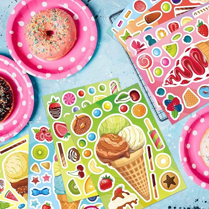24 Sheets Ice Cream Stickers, Make Your Own Sticker for Toddlers Kids, Make a Face Stickers for Ice Cream Party Favor Supplies Craft