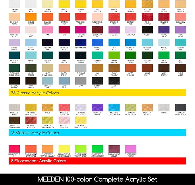 MEEDEN Heavy Body Acrylic Paint Sets, 100 Colors Art Paint Tubes for Canvas Wood Fabric Painting, Non-toxic 0.41 fl Oz /12ml Acrylic Paints for Adults, Beginners, Students Crafts Painting