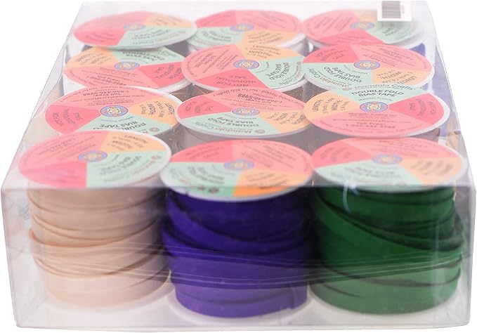Mandala Crafts 60 Yards 1/4 Inch 12 Assorted Colors Double Fold Bias Tape for Sewing - Bias Binding Tape for Quilting Binding, Hemming, Seam, and Fabric Piping